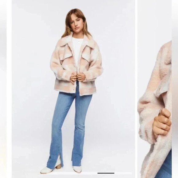 NWT Forever 21 Faux Fur Plaid Jacket Dusty Pink/Cream Plus Sz 2X - Picture 4 of 11